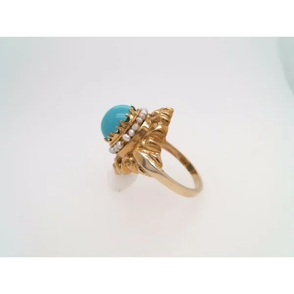 Vintage 14 Karat Yellow Gold Turquoise & Seed Pearl Ring Image 2 John Michael Matthews Fine Jewelry Vero Beach, FL