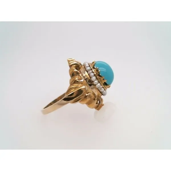 Vintage 14 Karat Yellow Gold Turquoise & Seed Pearl Ring Image 4 John Michael Matthews Fine Jewelry Vero Beach, FL