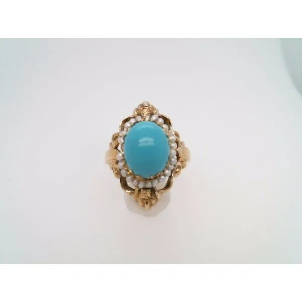 Vintage 14 Karat Yellow Gold Turquoise & Seed Pearl Ring John Michael Matthews Fine Jewelry Vero Beach, FL