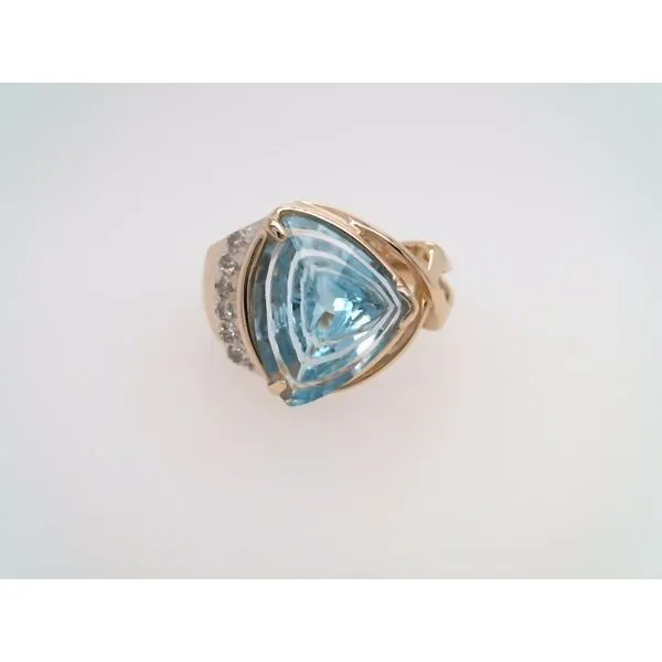 Vintage 14 Karat Yellow Gold Fantasy Cut Blue Topaz & Diamond Ring With Ribbed Accents John Michael Matthews Fine Jewelry Vero Beach, FL