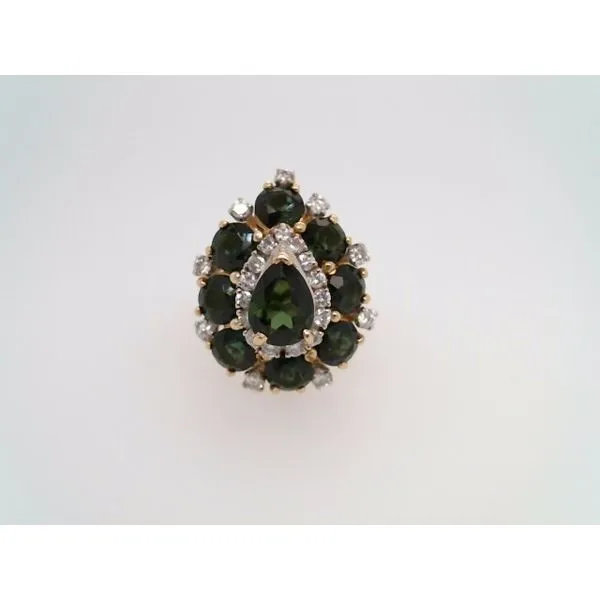 Vintage 18 Karat Yellow Gold Pear Shaped Green Tourmaline & Diamond Cocktail Style Ring John Michael Matthews Fine Jewelry Vero Beach, FL