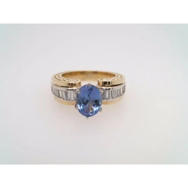 Vintage 18 Karat Yellow & White Gold Tanzanite & Diamond Ring With Engraved Shank John Michael Matthews Fine Jewelry Vero Beach, FL