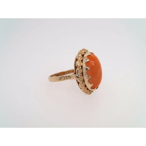 Vintage 18 Karat Yellow Gold Oval Coral Ring With Floral Halo Image 4 John Michael Matthews Fine Jewelry Vero Beach, FL