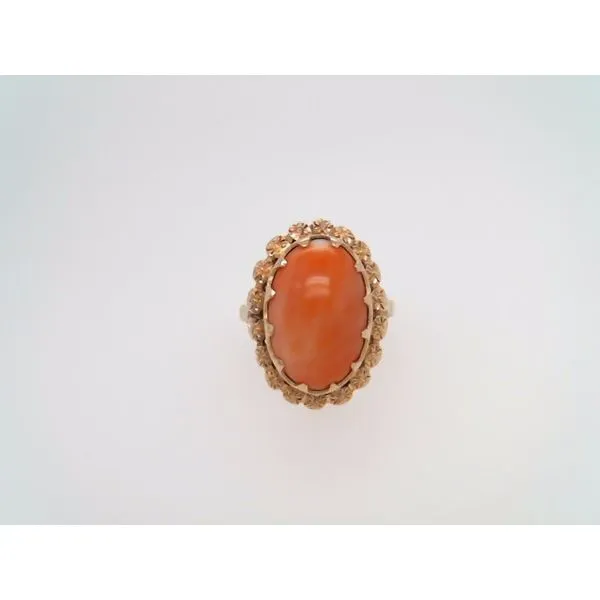 Vintage 18 Karat Yellow Gold Oval Coral Ring With Floral Halo John Michael Matthews Fine Jewelry Vero Beach, FL