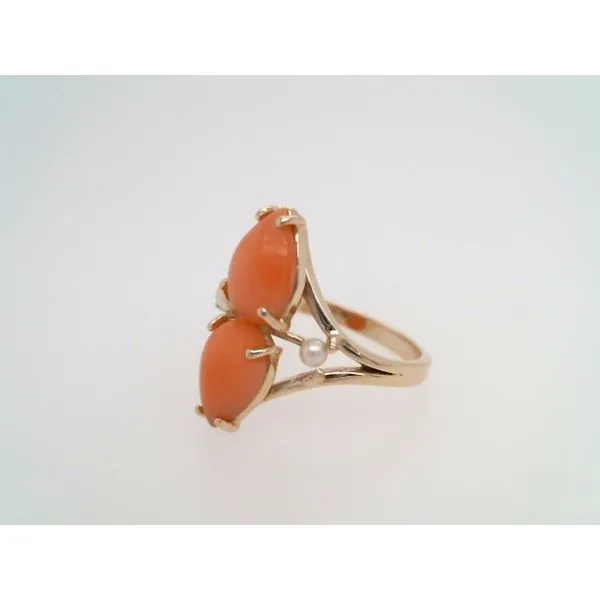 Vintage 14 Karat Yellow Gold Coral & Cultured Pearl Ring Image 2 John Michael Matthews Fine Jewelry Vero Beach, FL