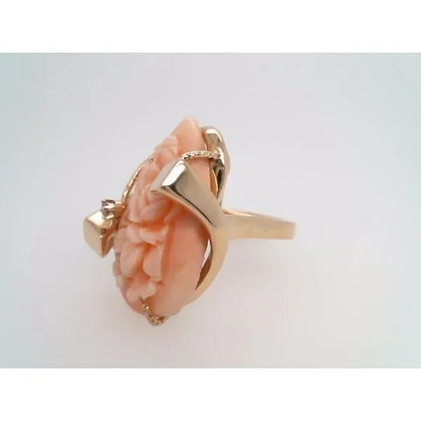 Vintage 14 Karat Yellow Gold Pear Shaped Floral Carved Coral Ring With Diamond Accent Image 2 John Michael Matthews Fine Jewelry Vero Beach, FL