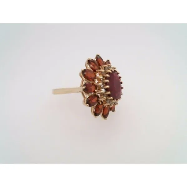 Vintage 10 Karat Yellow Gold Glass Filled Ruby, Garnet & Diamond Halo Style Cocktail Ring Image 4 John Michael Matthews Fine Jewelry Vero Beach, FL