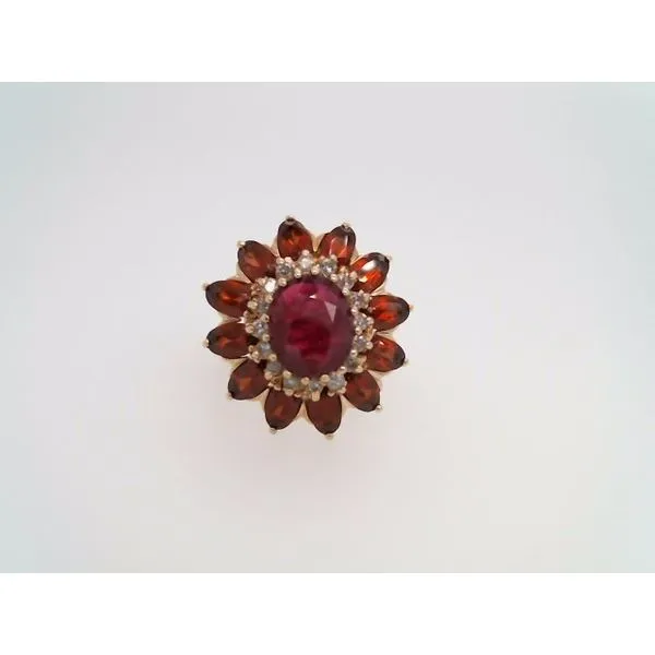 Vintage 10 Karat Yellow Gold Glass Filled Ruby, Garnet & Diamond Halo Style Cocktail Ring John Michael Matthews Fine Jewelry Vero Beach, FL