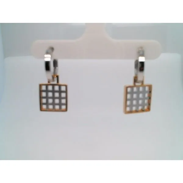 Vintage 14 Karat White 7 Yellow Gold Grid Motif Earrings With Diamonds Image 3 John Michael Matthews Fine Jewelry Vero Beach, FL