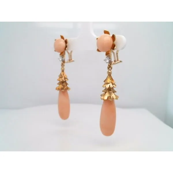 Vintage Handmade 18 Karat Yellow Gold Coral Cabochon & Briolette Dangle Earrings With Diamond Accents Image 2 John Michael Matthews Fine Jewelry Vero Beach, FL