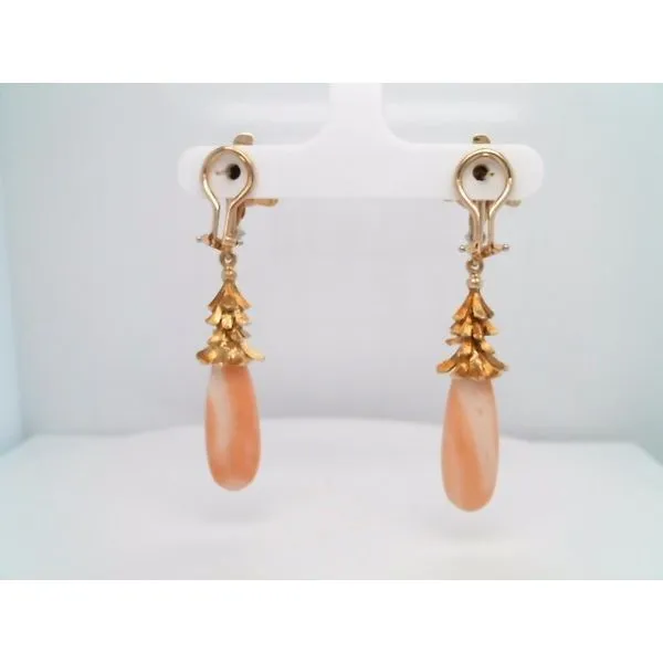 Vintage Handmade 18 Karat Yellow Gold Coral Cabochon & Briolette Dangle Earrings With Diamond Accents Image 3 John Michael Matthews Fine Jewelry Vero Beach, FL
