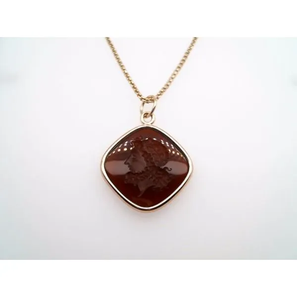 Vintage 14 Karat Yellow Gold Framed Brown Glass Intaglio Charm Pendant Image 3 John Michael Matthews Fine Jewelry Vero Beach, FL