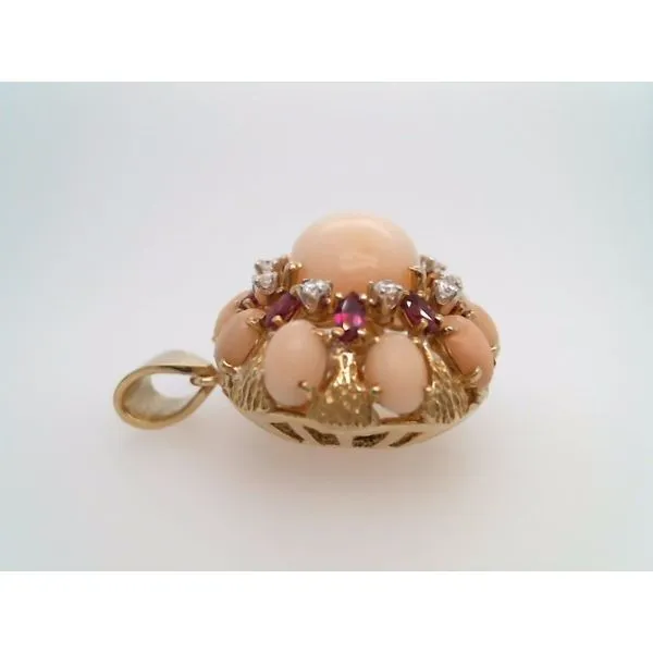 Vintage 18 Karat Yellow Gold Angelskin Coral, Ruby & Diamond Cluster Pendant Image 4 John Michael Matthews Fine Jewelry Vero Beach, FL