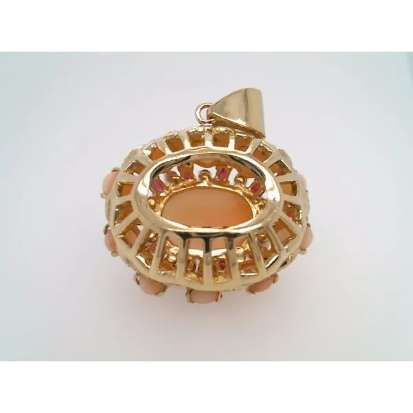 Vintage 18 Karat Yellow Gold Angelskin Coral, Ruby & Diamond Cluster Pendant Image 5 John Michael Matthews Fine Jewelry Vero Beach, FL