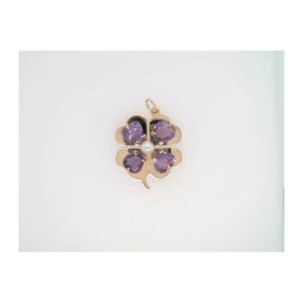 Vintage 14 Karat Yellow Gold Amethyst & Pearl 4 Leaf Clover Charm Pendant Image 4 John Michael Matthews Fine Jewelry Vero Beach, FL
