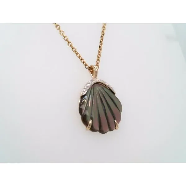Vintage 14 Karat Yellow Gold Carved Grey Mother Of Pearl Seashell Pendant With Diamonds Image 3 John Michael Matthews Fine Jewelry Vero Beach, FL