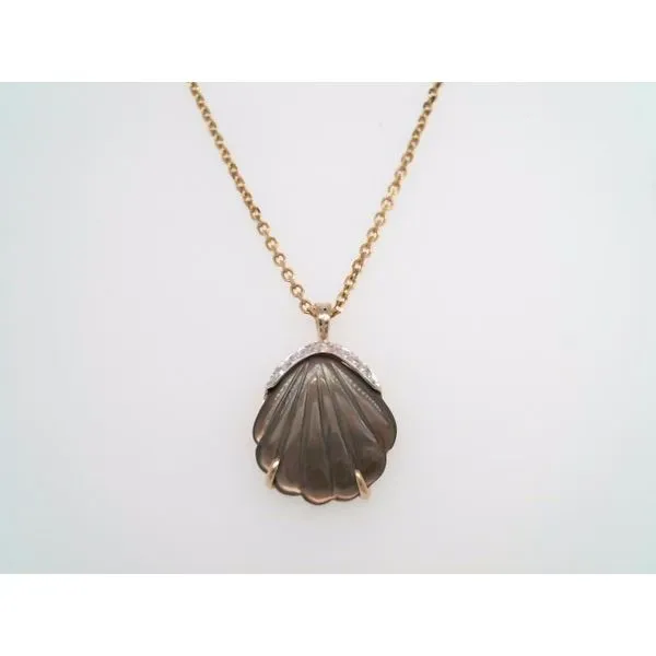 Vintage 14 Karat Yellow Gold Carved Grey Mother Of Pearl Seashell Pendant With Diamonds John Michael Matthews Fine Jewelry Vero Beach, FL