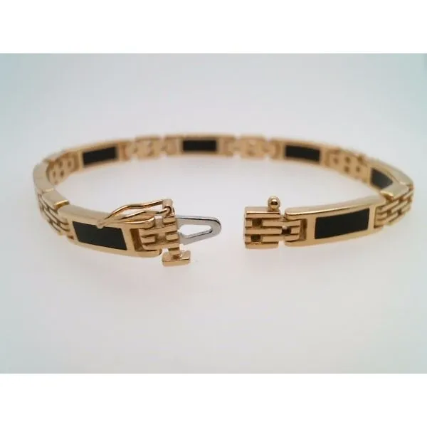 Vintage 18 Karat Yellow Gold 5 Mm Wide Bracelet With 7 Black Coral Rectangular Inlay Links 6.5 