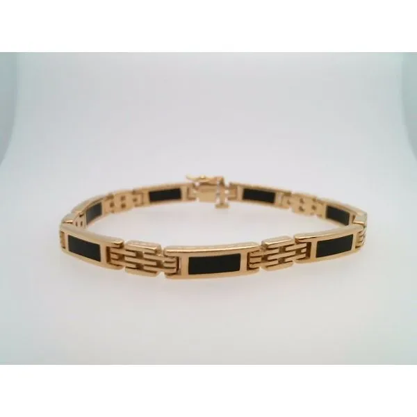 Vintage 18 Karat Yellow Gold 5 Mm Wide Bracelet With 7 Black Coral Rectangular Inlay Links 6.5 