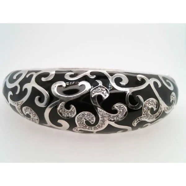 Vintage Sterling Silver 21 Mm Wide Black Enamel Swirl Design Hinged Bangle Bracelet With Cz Accents 6.75