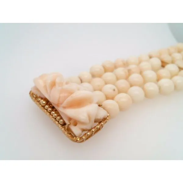 Vintage 4 Strand 18 Karat Yellow Gold Angelskin Coral Bead Bracelet With Handmade Carved Floral Angelskin Coral Clasp 6.75