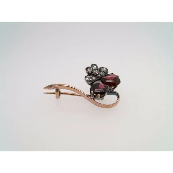 Antique Victorian 14 Karat Yellow Gold & Sterlilng Silver Carbuncle Cut Cabochon Garnet & Rose Cut Diamond Pin John Michael Matthews Fine Jewelry Vero Beach, FL