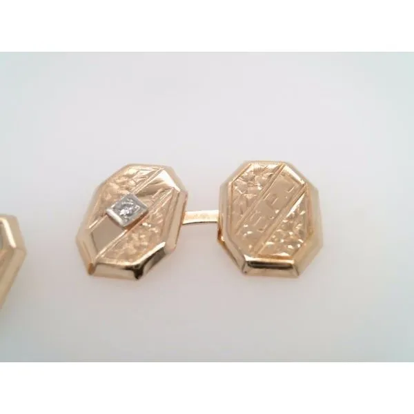 Vintage 14 Karat Yellow Gold Elongated Octagonal Hand Engraved Cuff Links With Diamond Accent Image 2 John Michael Matthews Fine Jewelry Vero Beach, FL