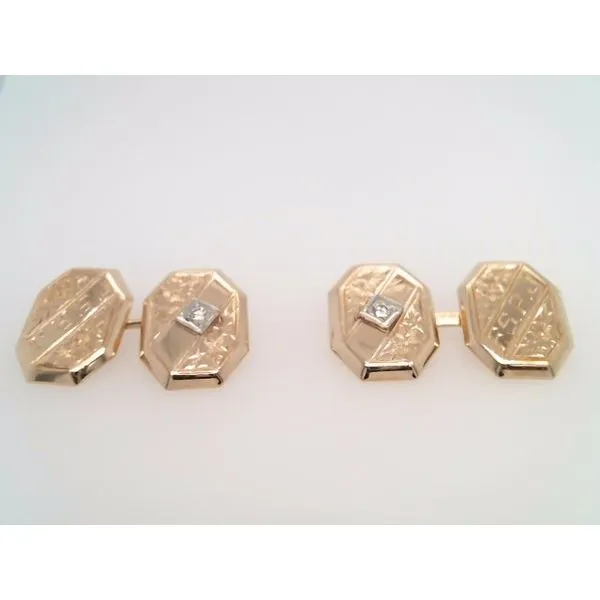 Vintage 14 Karat Yellow Gold Elongated Octagonal Hand Engraved Cuff Links With Diamond Accent John Michael Matthews Fine Jewelry Vero Beach, FL