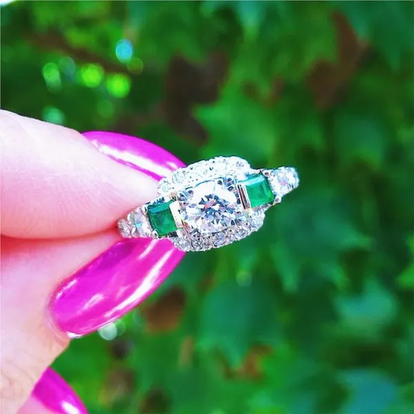 Platinum .54 CT Diamond & Emerald Estate Three-Stone Halo Engagement Ring Image 3 Joint Venture Jewelry Cary, NC