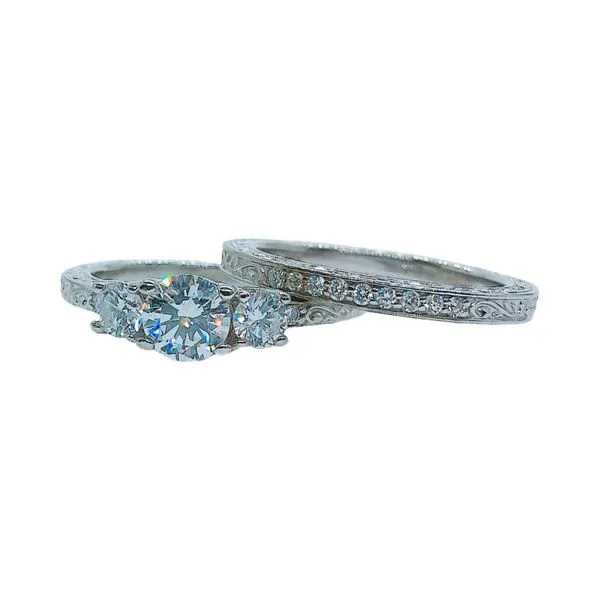18K White Gold 3-Stone Diamond Engagement Ring & Wedding Band Set Image 2 Joint Venture Jewelry Cary, NC