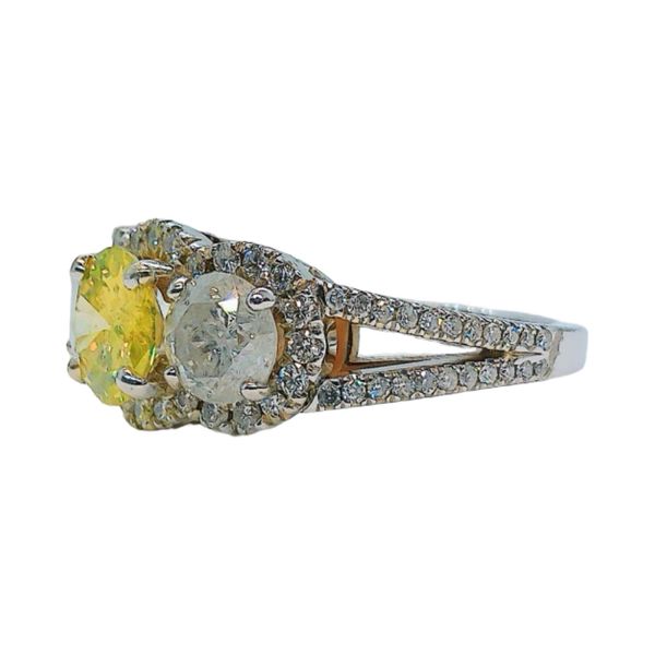 14K White Gold 1.18ct Fancy Yellow Diamond Three-Stone Halo Ring Image 2 Joint Venture Jewelry Cary, NC