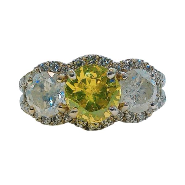 14K White Gold 1.18ct Fancy Yellow Diamond Three-Stone Halo Ring Joint Venture Jewelry Cary, NC