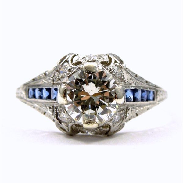 Vintage Transition Cut Diamond Engagement Ring with Sapphires Joint Venture Jewelry Cary, NC
