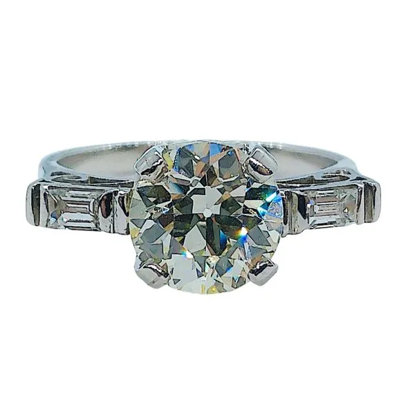 Vintage Mine Cut Diamond Engagement Ring with Baguettes Joint Venture Jewelry Cary, NC