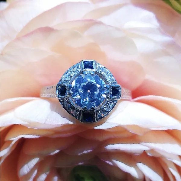 1930s Platinum Vintage Transition Cut Diamond Engagement Ring with Sapphire Accents Image 3 Joint Venture Jewelry Cary, NC