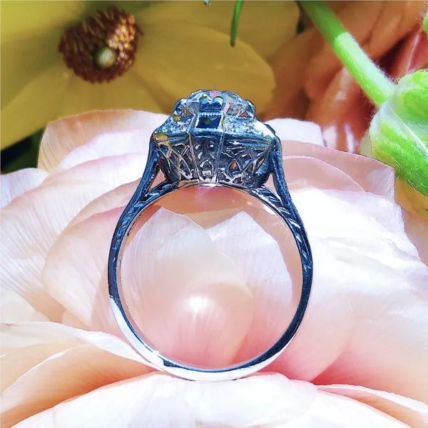 1930s Platinum Vintage Transition Cut Diamond Engagement Ring with Sapphire Accents Image 4 Joint Venture Jewelry Cary, NC