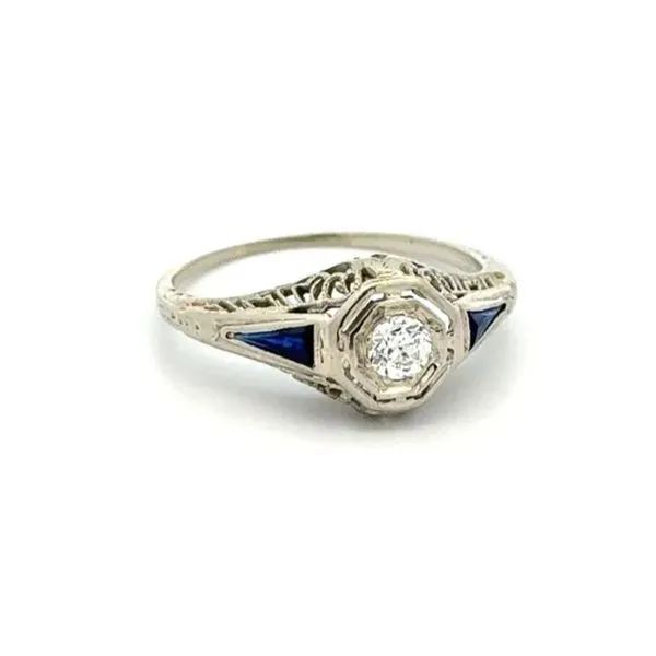 14K White Gold Art Deco European Cut Diamond & Synthetic Sapphire Engagement Ring Image 2 Joint Venture Jewelry Cary, NC