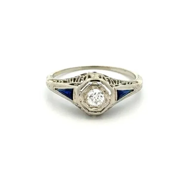 14K White Gold Art Deco European Cut Diamond & Synthetic Sapphire Engagement Ring Joint Venture Jewelry Cary, NC