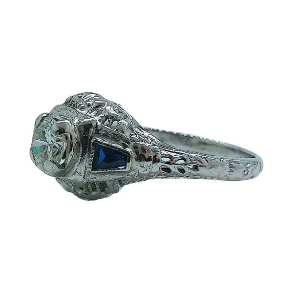 18K White Gold Art Deco 0.59ct Diamond & Sapphire Engagement Ring Image 2 Joint Venture Jewelry Cary, NC