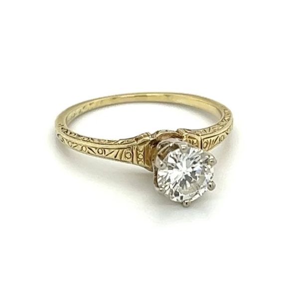 14K Yellow Gold Antique 0.50 Carat OEC Transitional Diamond Engraved Solitaire Ring Image 2 Joint Venture Jewelry Cary, NC