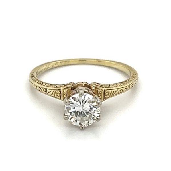14K Yellow Gold Antique 0.50 Carat OEC Transitional Diamond Engraved Solitaire Ring Joint Venture Jewelry Cary, NC
