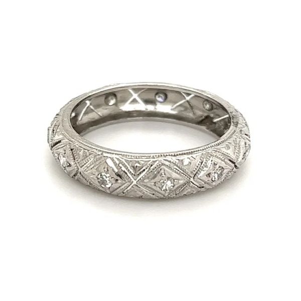 Platinum Engraved Filigree Diamond Band | 0.30 TCW Estate Wedding Ring Image 2 Joint Venture Jewelry Cary, NC