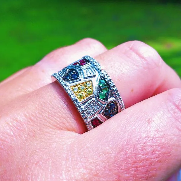 14k White Gold Wide Diamond & Multicolored Sapphire Band – Estate | Joint Venture Jewelry Image 4 Joint Venture Jewelry Cary, NC