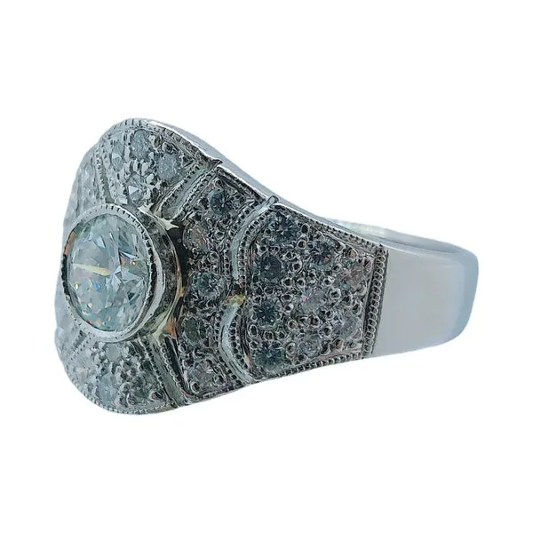 Platinum Bezel-Set 0.55 CT Round Diamond Estate Ring with 1.08 CTW Accent Diamonds Image 2 Joint Venture Jewelry Cary, NC