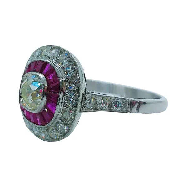 Platinum Vintage .72 CT Old Mine Cut Diamond Engagement Ring with Rubies & Euro Cut Accents Image 2 Joint Venture Jewelry Cary, NC