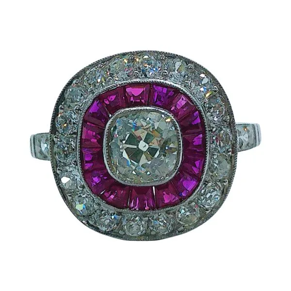 Platinum Vintage .72 CT Old Mine Cut Diamond Engagement Ring with Rubies & Euro Cut Accents Joint Venture Jewelry Cary, NC