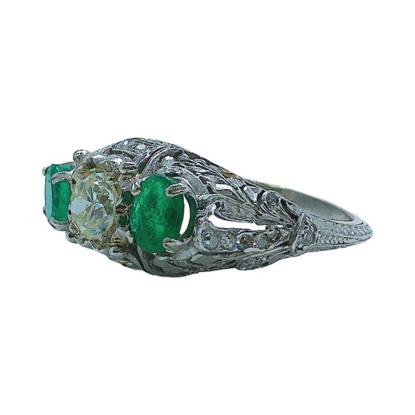 Platinum & White Gold 1.12ct Old European Diamond and Emerald Filigree Estate Ring Image 2 Joint Venture Jewelry Cary, NC