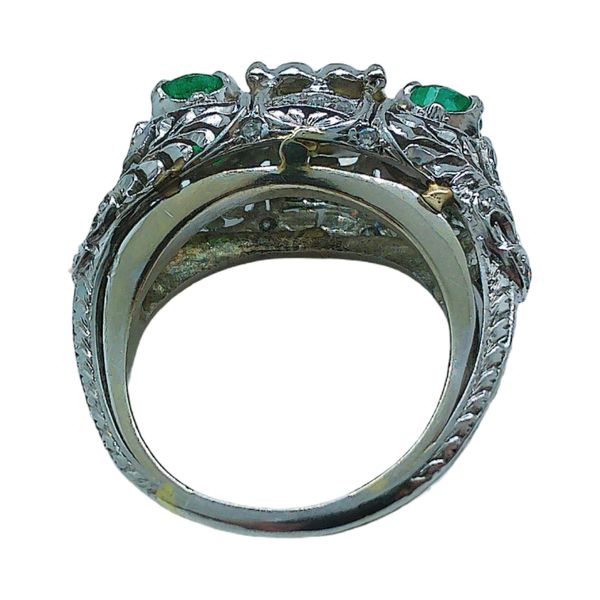 Platinum & White Gold 1.12ct Old European Diamond and Emerald Filigree Estate Ring Image 3 Joint Venture Jewelry Cary, NC