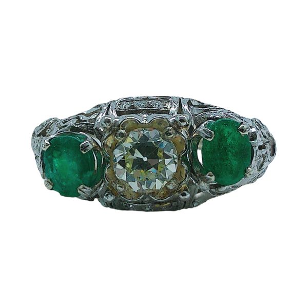 Platinum & White Gold 1.12ct Old European Diamond and Emerald Filigree Estate Ring Joint Venture Jewelry Cary, NC