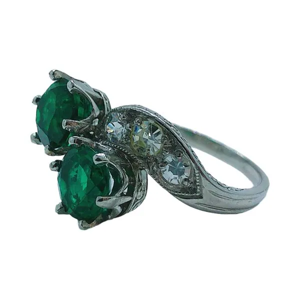 Platinum Art Deco Bypass Ring with Emeralds & Old European Cut Diamond Accents Image 2 Joint Venture Jewelry Cary, NC